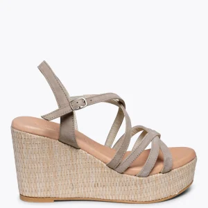 Esparto Y Alpargatas<miMaO Miconos Cuna Con Plataforma De Rafia Y Tiras Cruzadas Taupe