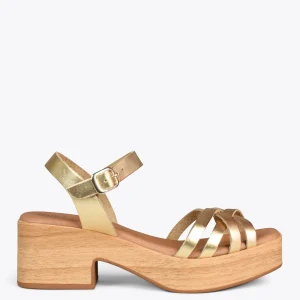 Sandalias De Tacón<miMaO Wood – Sandalias Imitacion Madera Con Tiras Platino